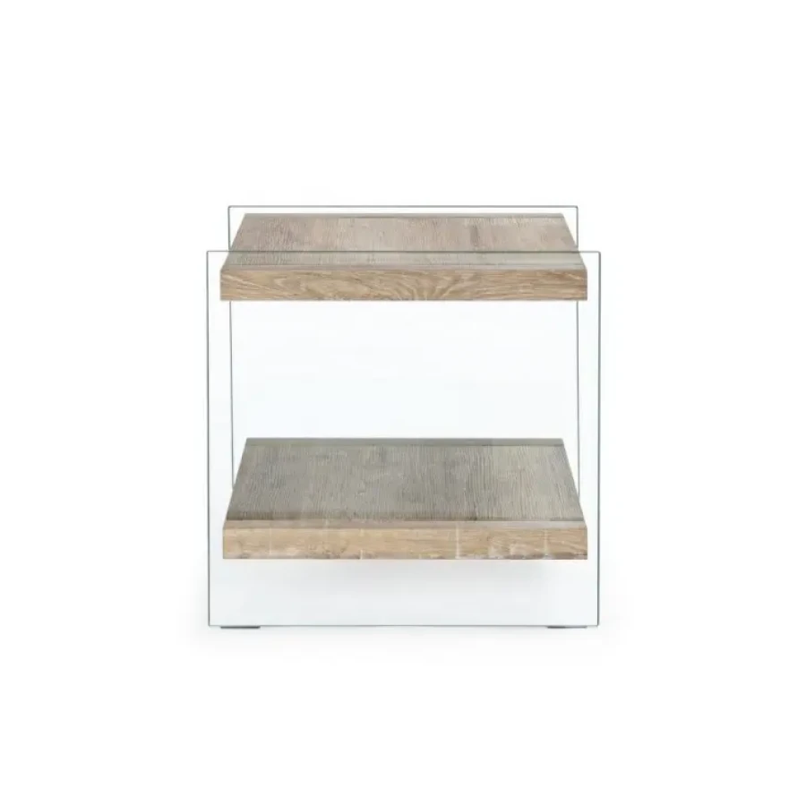 Klubska mizica KENYA je sestavljena iz kaljenega stekla (12mm), polički sta iz MDF plošče-videz lesa. Dimenzije: širina: 50cm globina: 50cm višina: 50cm