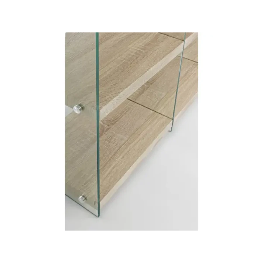 Knjižna omara SURY 122X29,5 H120 je narejena iz naravnega lesa, stranice so iz kaljenega stekla. Material: - Naravni les - Kaljeno steklo Barve: - Les