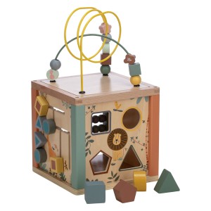 Velika didaktična lesena kocka z veliko igralne vrednosti za spodbujanje fino motorike in logičnega razmišljanja otroka.