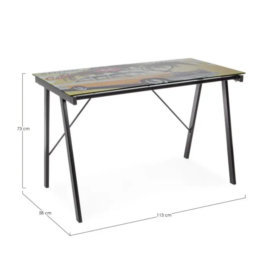 Pisalna miza CALIFORNIA 113X58cm s kovinskimi nogami in površino iz kaljenega stekla debeljine 7mm. Pisalna miza California je primerna za vsak prostor s