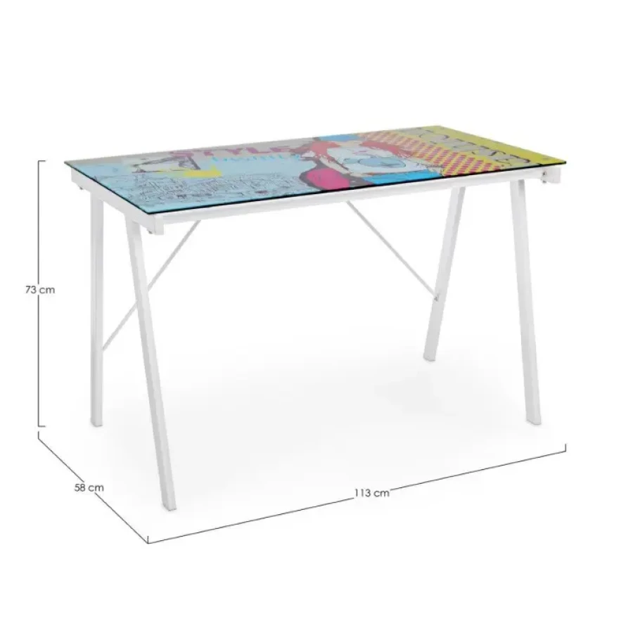 Pisalna miza CARTOON 113X58 z belimi kovinskimi nogami in površino iz kaljenega stekla debeljine 7mm. Pisalna miza Cartoon je primerna za vsak prostor s svojo