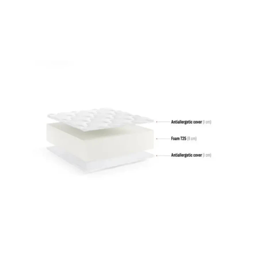 Vzmetnica DORMI je dvostranska vzmetnica iz pene, spada v srednje trde vzmetnice. Ima pralno prevleko. Višina vzmetnice je 10 cm. Material: - Pena T25 -