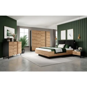 Kompletna spalnica GALIJA vas bo očarala s svojimi toplimi barvami skandinavskega hrasta v kombinaciji s kontrastno antracit barvo, ki bodo vašo spalnico