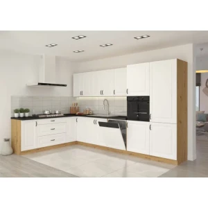 Kuhinjski blok STIL 210x350 cm je dobavljiva v beli barvi. Debelina delovnega pulta je 38 mm. Fronte kuhinje imajo MDF rob. Kuhinja je izdelana iz