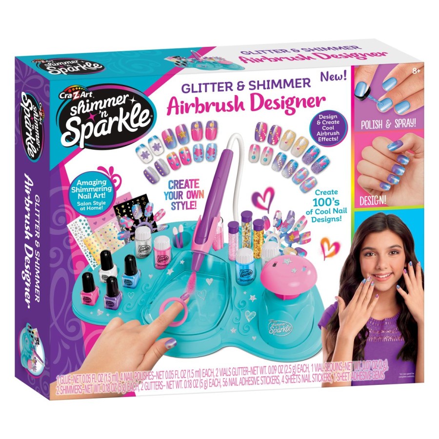 Ustvarite osupljive zračne čopiče za nohte doma s Shimmer N Sparkle Glitter in Shimmer Airbrush Designer. Ustvarite 100 kul dizajnov s popolnoma trendovskimi lesketajočimi in bleščečimi učinki.