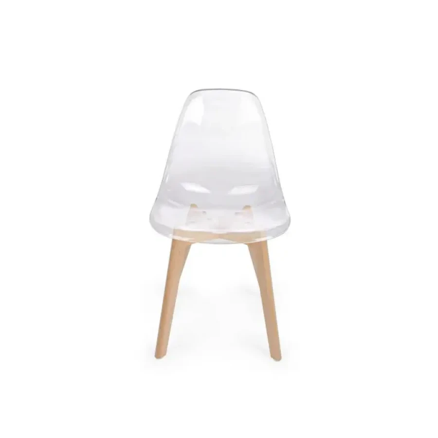 Stol EASY je preprostega ter sodobnega dizajna, zato se bo podal v vsak ambient. Sedišče je narejeno iz prozorne plastike. Noge so iz bukovega lesa, kar daje