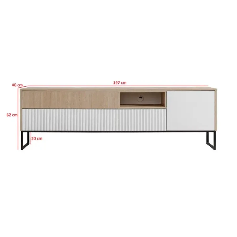 TV omarica ZOELA je moderno oblikovana in elegantnega videza. Brez ročajev, odpiranje po sistemu push to open. V beli mat barvi s kombinacijo lesa. Izdelana v