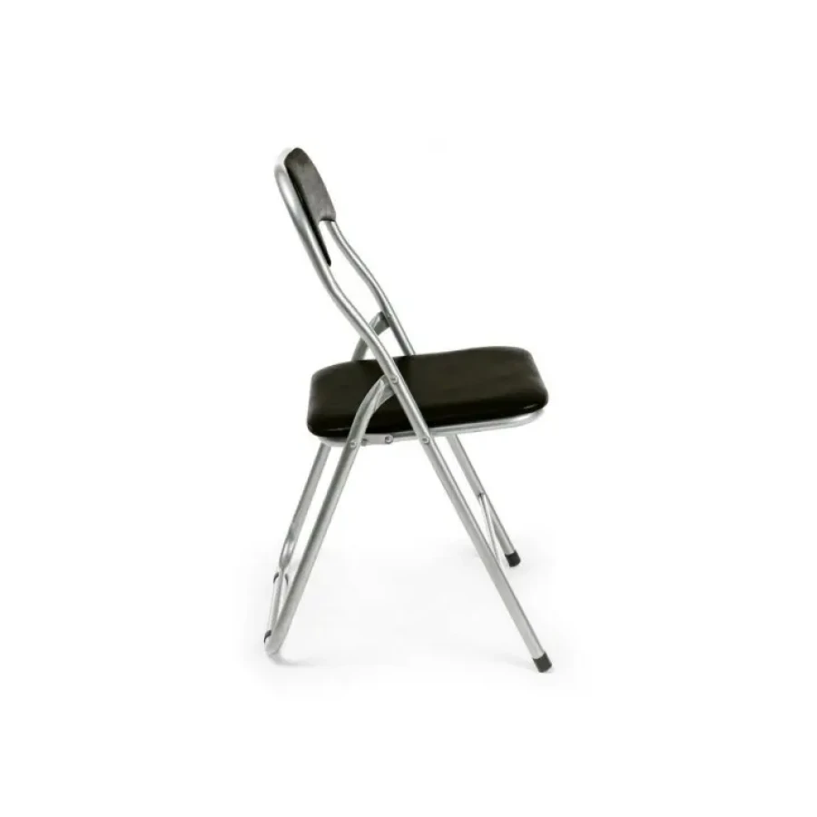 Zložljivi stol JOJ črn ima strukturo iz srebrnega jekla, sedež in naslonjalo sta obložena in oblečena v mat PVC. Material: - Jeklo - PVC Barva: - Črna