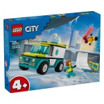 Opala! Sneg je pokril LEGO® City in padli bordar potrebuje tvojo pomoč. Naloži nosila in pokliči rešilni avto. Sneg ni za to vozilo nič hudega: ima pnevmatike z dobrim oprijemom