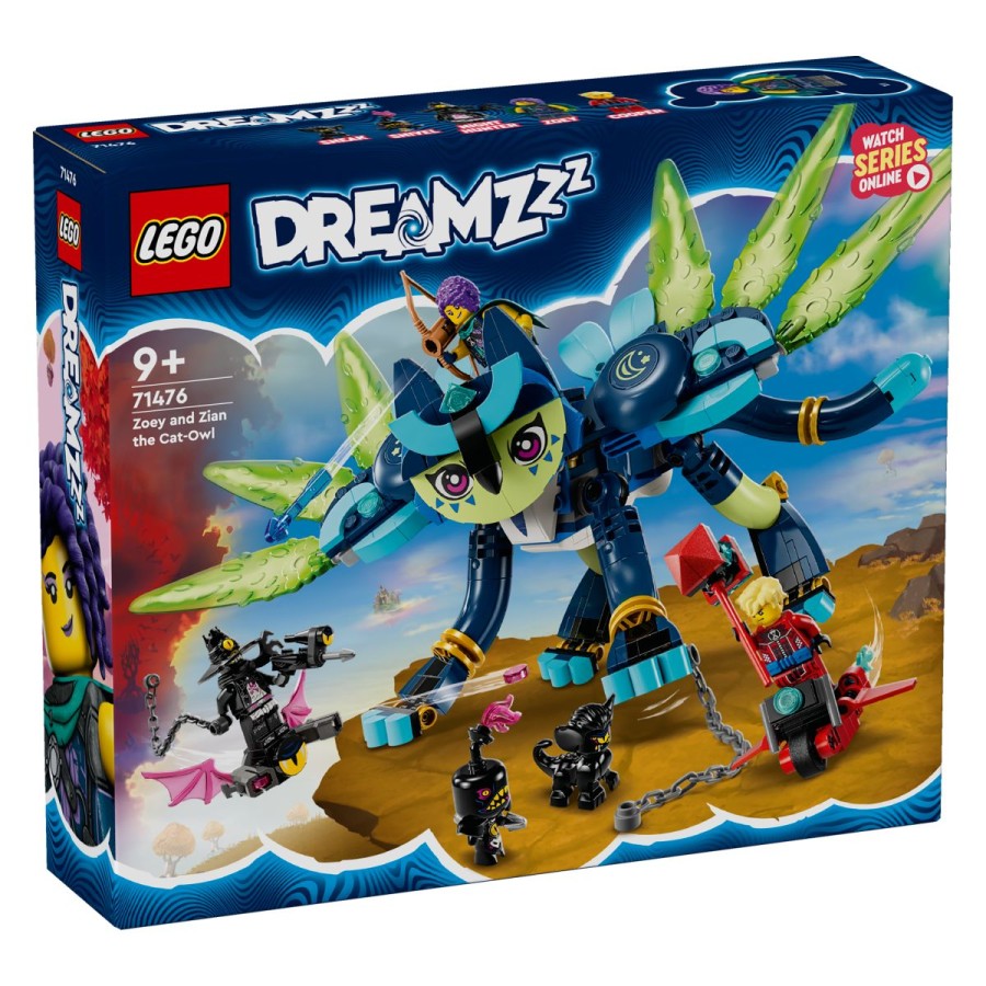 Pomagaj junakinji LEGO® DREAMZzz™ Zoey rešiti Ziana pred zlobnim Nočnim lovcem! Sestavi Ziana kot hitrega mačka-sovo s krili ali mačka-pavom s čudovitim repom. V načinu maček-sova lahko leti stran od môrastih bitij