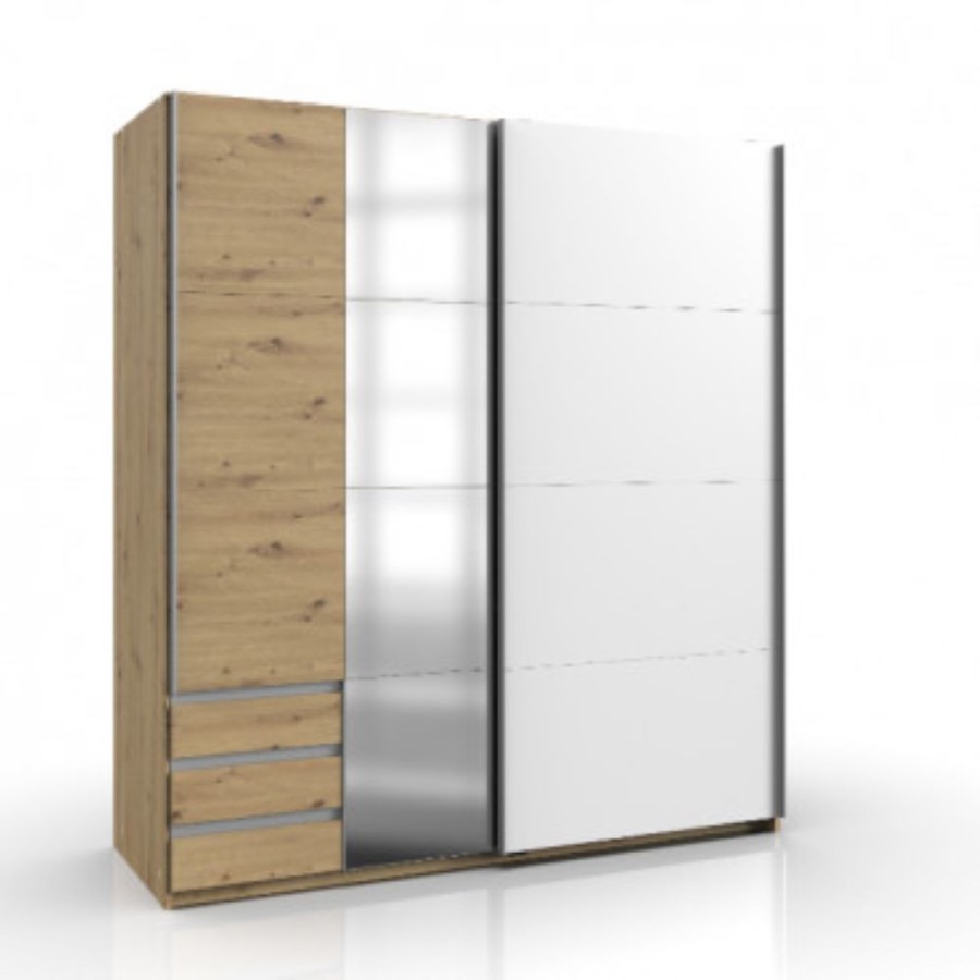 Velika dvodelna garderobna omara nemškega dizajna, v kombinaciji naravne barve lesa in bele barve. Omara se odpira z drsnimi vrati, ki imajo na levi strani