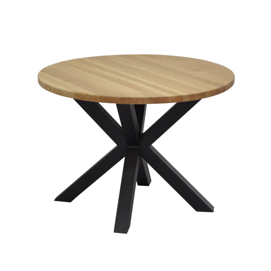 Moderna klubska miza okrogle oblike, s podnožjem razgibane oblike. Plošča mize je narejena iz masivnega hrastovega lesa, z naoljeno površino. Ima premer 60