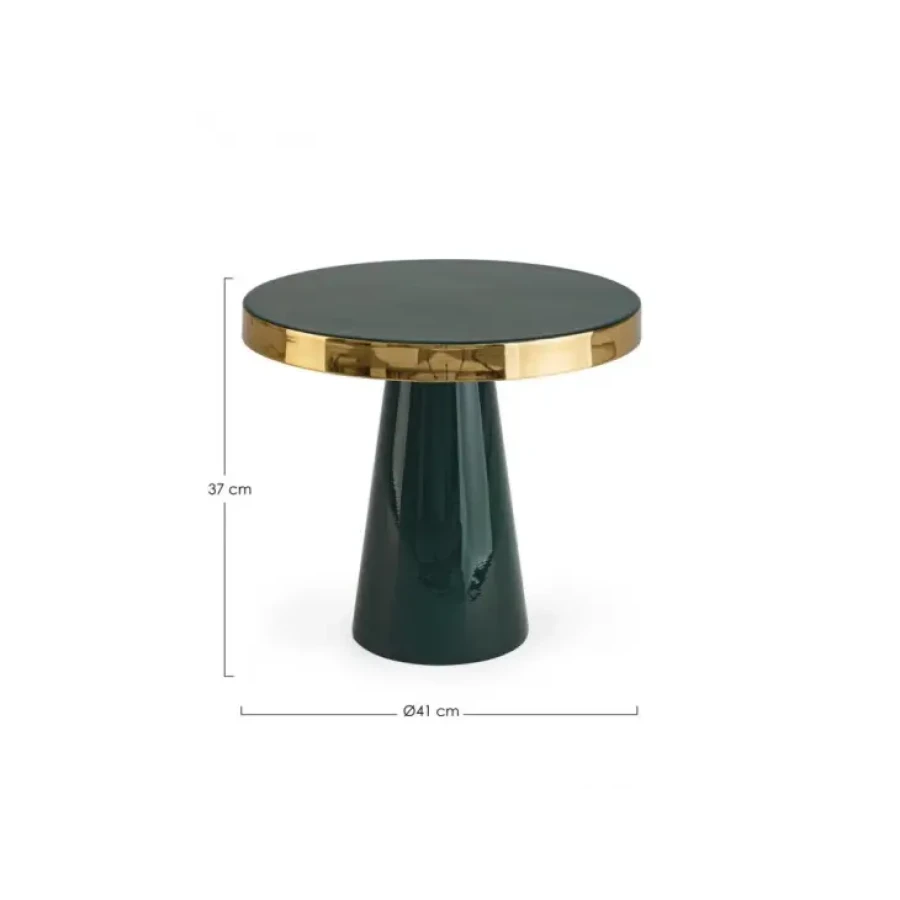 Klubska miza NANDIKA D51 zelena ima jekleni okvir ter zgornji rob z medeninastim zaključkom. Material: - Jekleni okvir - Medeninast zaključek Barva: - Zlata