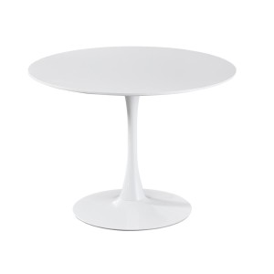 Okrogla jedilna miza ima podnožje v obliki sredinskega pilastra. Podnožje je kovinsko, prašno barvano v sijoči beli barvi. Premer spodnje plošče je 60