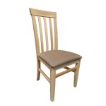 Klasičen jedilniški stol, ki ima sedišče oblazinjeno s kvalitetno tkanino. Ogrodje stola je narejeno iz masivnega bukovega lesa v natur barvi. Višina