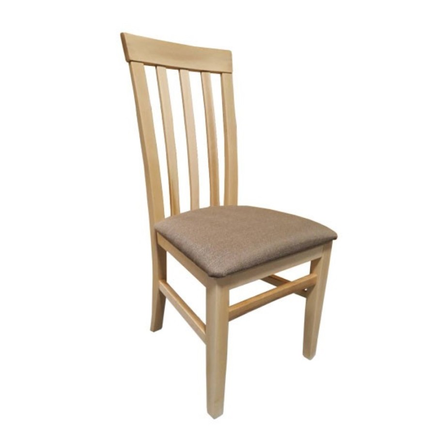 Klasičen jedilniški stol, ki ima sedišče oblazinjeno s kvalitetno tkanino. Ogrodje stola je narejeno iz masivnega bukovega lesa v natur barvi. Višina