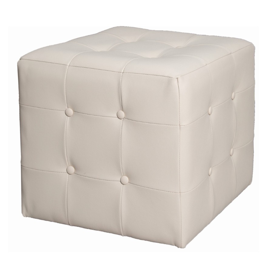 Tabure v obliki kocke v umetnem usnju, okrašen z gumbi.