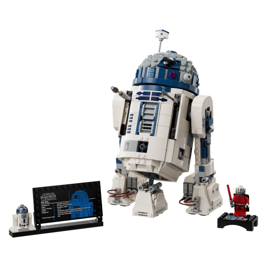 da se premakne. Namestiš mu lahko tudi radar in orodje. Pokaži svojo stvaritev z napisno ploščico z informacijami o R2-D2 LEGO® figuri in edinstveno minifiguro LEGO Vojna zvezd Dartha Malaka z razstavnim stojalom