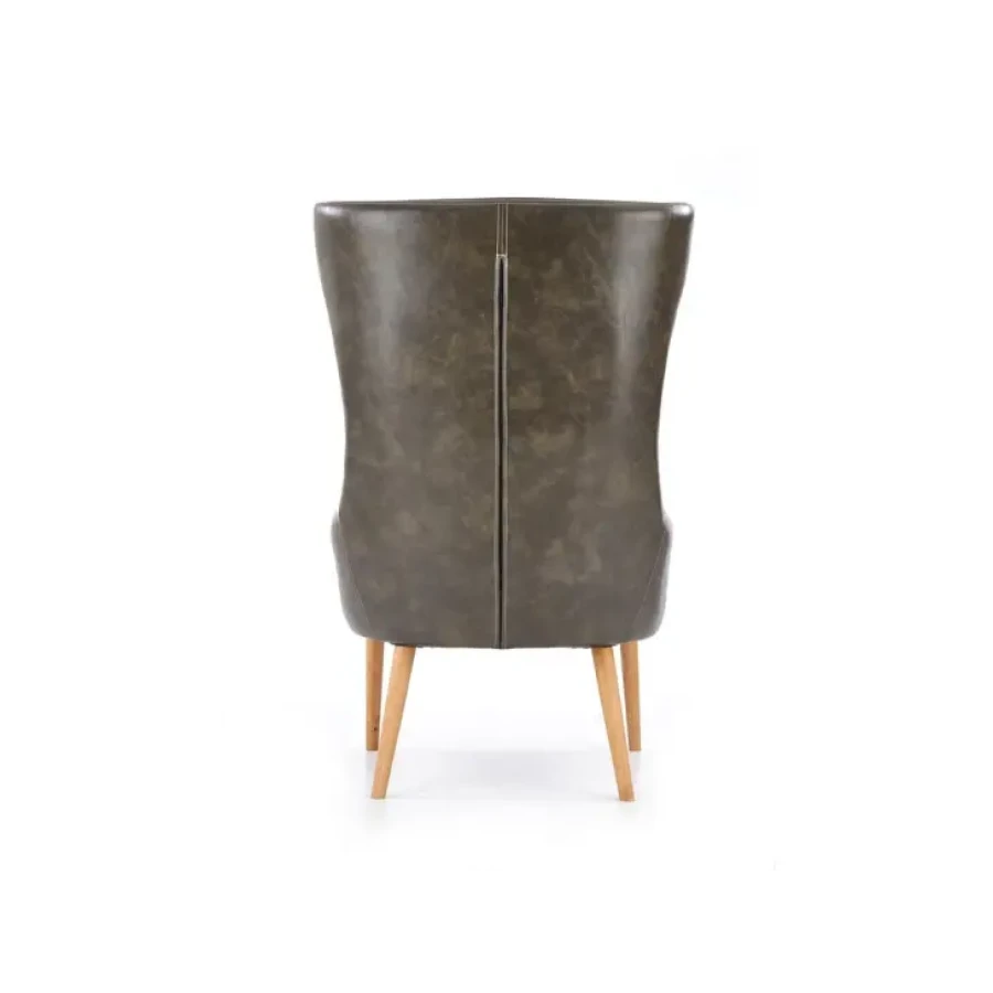 Fotelj AVARO 2 je elegantein in stabilen. Narejen je iz gumjastega masivnega lesa, oblečen v temno zeleno umetno usnje. - Š: 71 cm - V: 106 cm - G: 81 cm - V