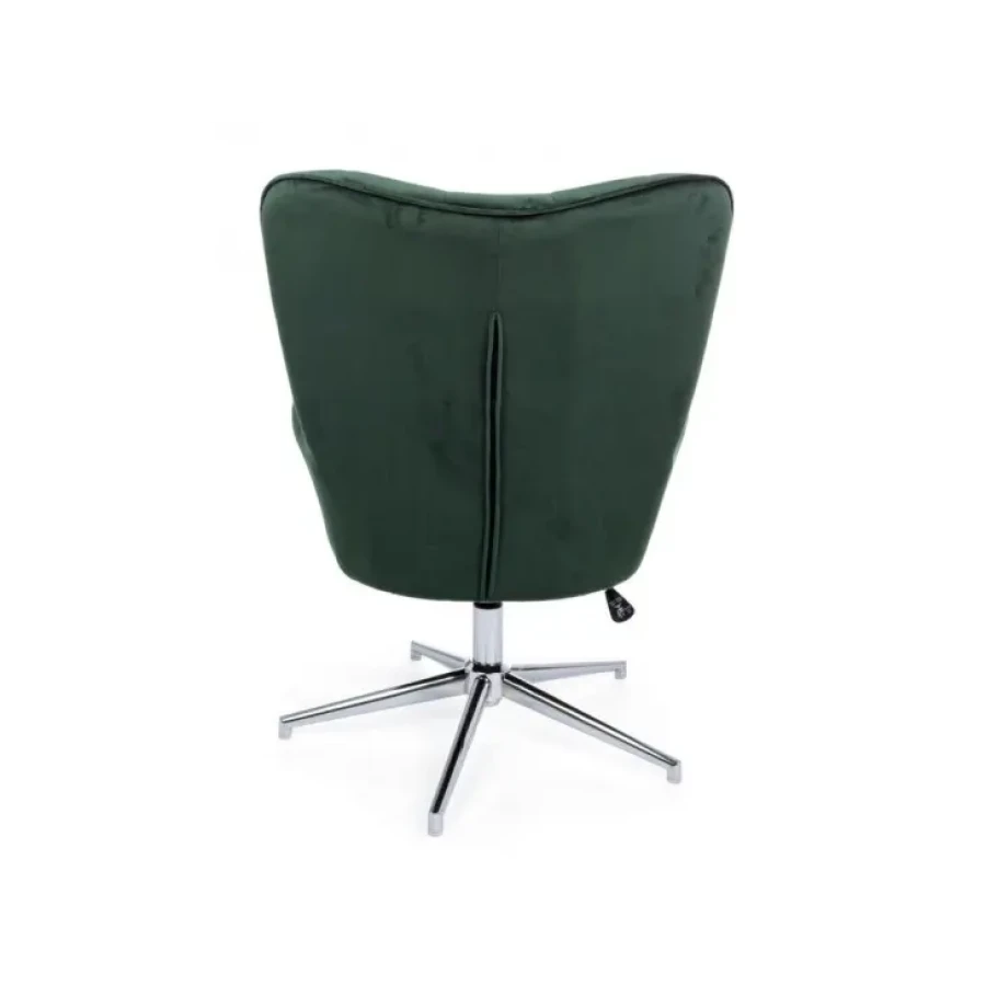 Fotelj FARIDA je dobavljiv v zeleni barvi, tkanina je podobna žametu. Noga je iz kromiranega jekla. Dimenzije: širina: 69cm globina: 70cm višina: 105/117cm