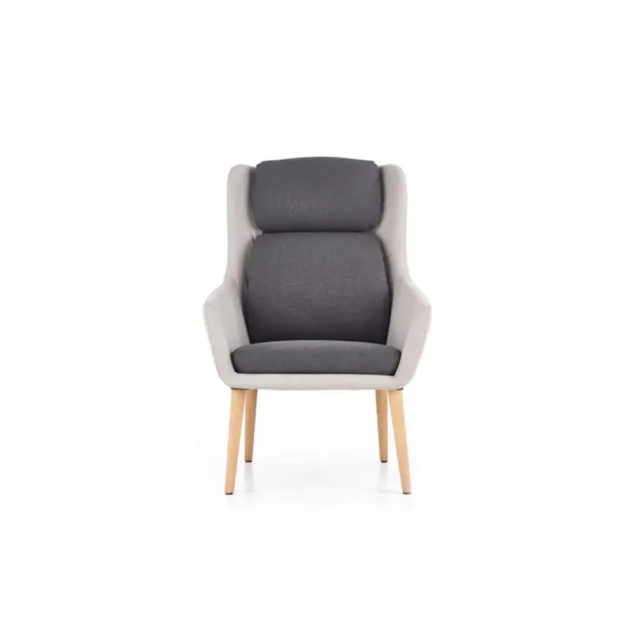 Fotelj NELSON 2 je elegantein in stabilen. Narejen je iz gumjastega masivnega lesa, oblečen v svetlo sivo blago. Blazine so narejene iz blaga v temno sivi