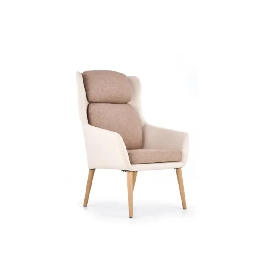 Fotelj NELSON je elegantein in stabilen. Narejen je iz gumjastega masivnega lesa, oblečen v bež blago. Blazine so narejene iz blaga v rjavi barvi. Dimenzije: