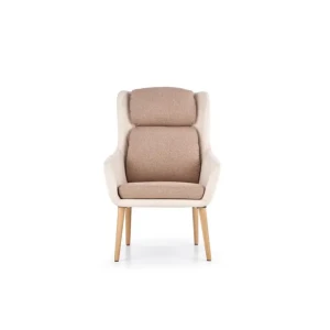 Fotelj NELSON je elegantein in stabilen. Narejen je iz gumjastega masivnega lesa, oblečen v bež blago. Blazine so narejene iz blaga v rjavi barvi. Dimenzije: