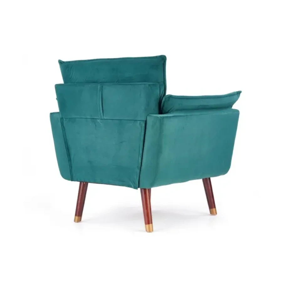 Fotelj RUBEN je elegantein in stabilen. Narejen je iz gumjastega masivnega lesa, oblečen v temno zeleno blago ali modro. Noge fotelja so v barvi temnega oreha