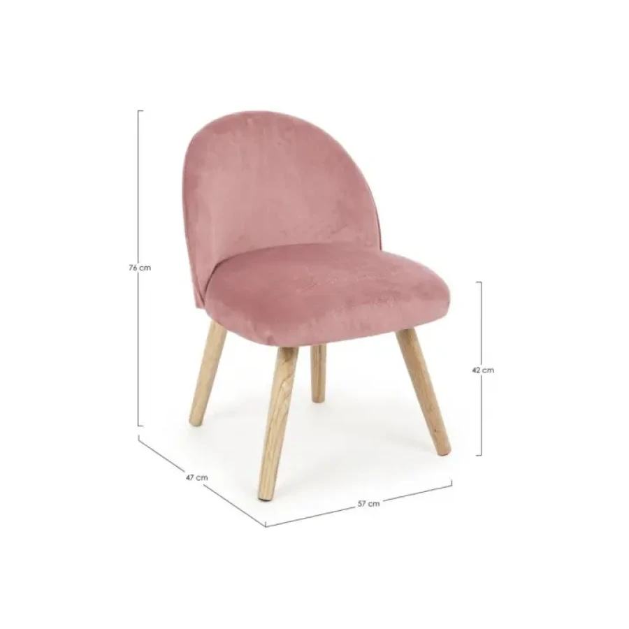 Jedilni stol ADELINE roza ima okvir iz borovega lesa in MDF-ja, noge so iz hrastovega lesa. Prevleka je iz poliestra z učinkom žameta. Material: - Borov les