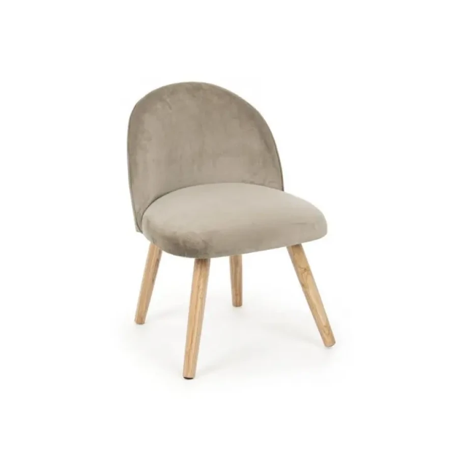 Jedilni stol ADELINE taupe ima okvir iz borovega lesa in MDF-ja, noge so iz hrastovega lesa. Prevleka je iz poliestra z učinkom žameta. Material: - Borov les