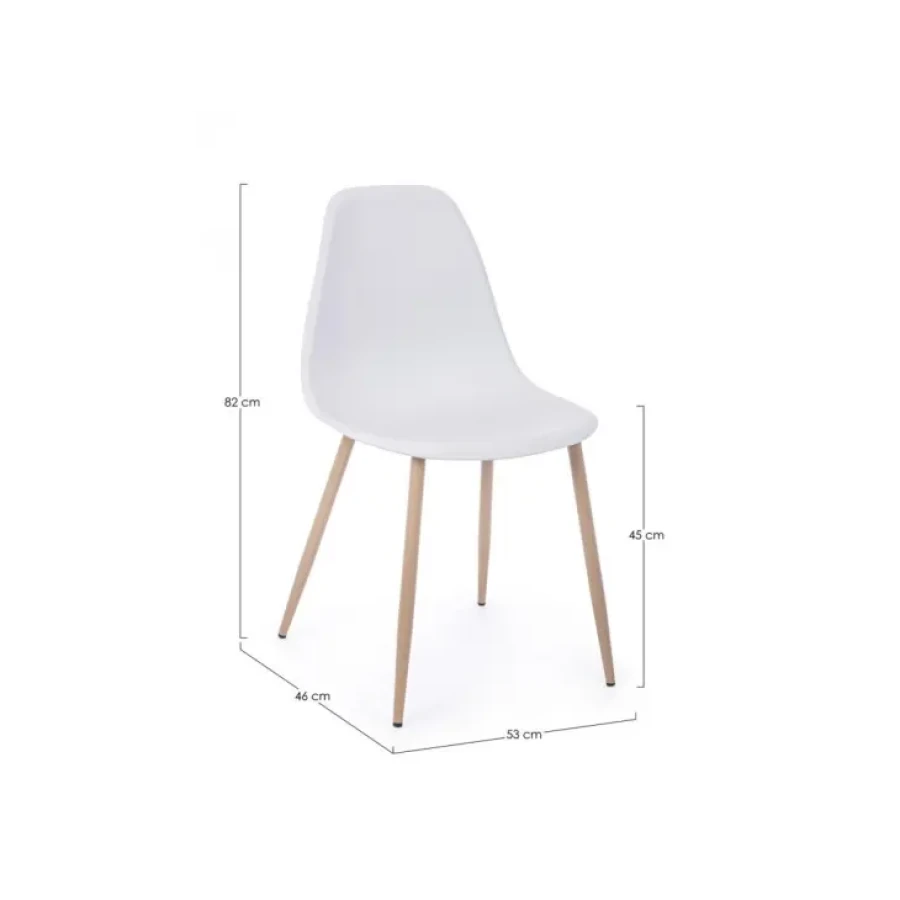 Jedilni stol MANDI je dobavljiv v beli barvi, kovinske noge v barvi lesa. Sedalni del iz polipropiena. Dimenzije: širina: 53cm globina: 46cm višina: 82cm
