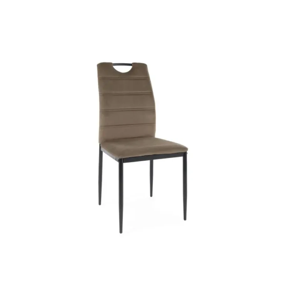 Jedilni stol ORI je elegantnega dizajna in kakovostne izdelave. Narejen je iz nežne žametne tkanine mehke na otip, kar zagotavlja udobnost. Noge so kovinske