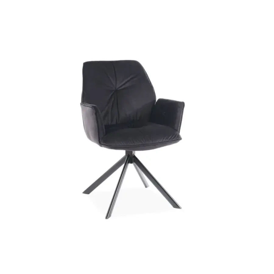 Jedilni stol PEPERMINT2 ima nežno blago kot žamet, noge so kovinske v črni mat barvi. Sedež se vrti za 180 stopinj, s funkcijo vračanja v prvotni