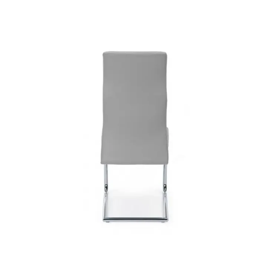 Jedilni stol THELMA siva ima jekleni okvir in kromirane noge. Polnilo je iz poliuretanske pene, oblečen je v umetno usnje. Material: - Jekleni okvir - Krom