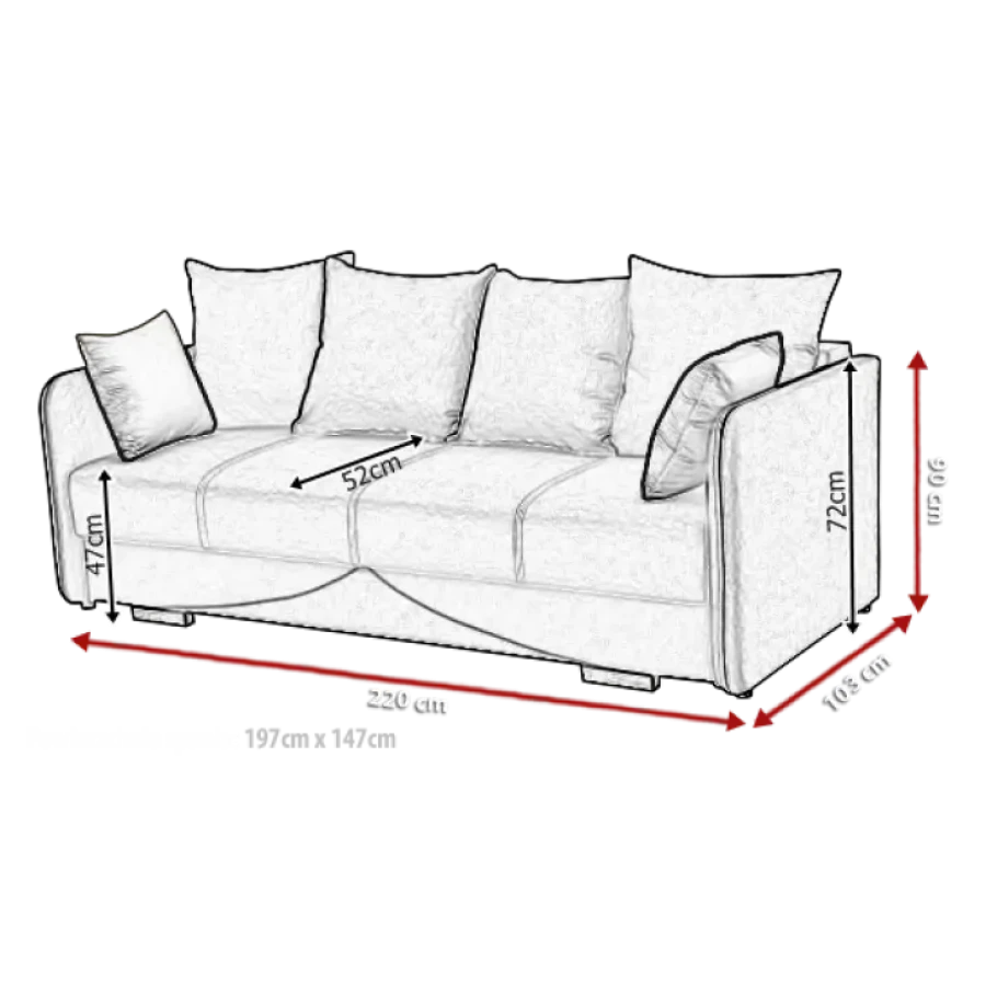 Kavč ALFONZO je moderen in eleganten. Narejen je iz kvalitetnega blaga. Kavč je vzmeten z Bonell vzmetenjem, zato je spanje na njem udobno. Pri raztegnitvi