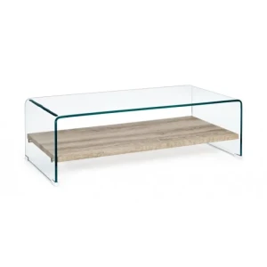 Klubska miza KENYA je sestavljena iz prozornega stekla, debelega 12mm. Polica je iz MDF plošče v videzu lesa. Dimenzije: širina: 110cm globina: 55cm