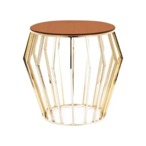 Klubska miza ALINA je modernega dizajna. Mizna plošča je narejena iz jantarnega kaljenega stekla. Mizno podnožje je narejeno iz nerjavečega jekla v barvi