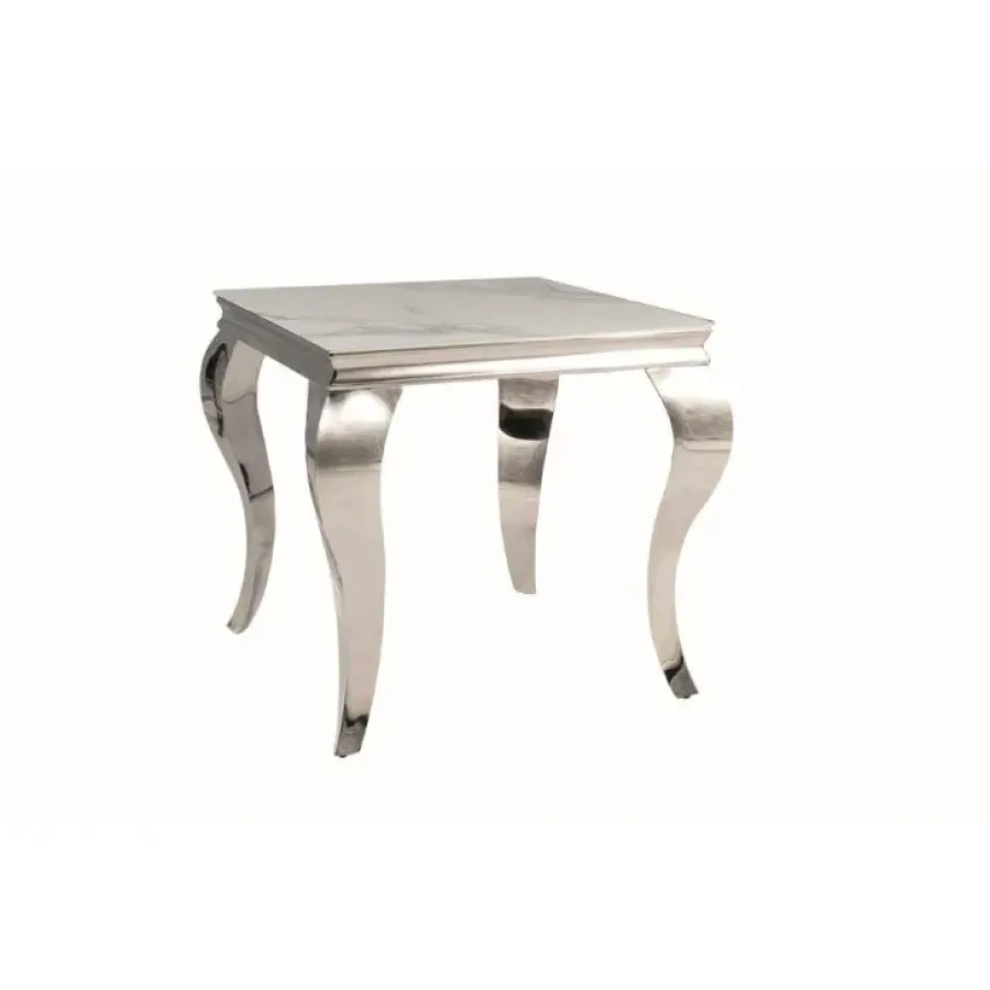 Klubska mizica KRALJ BELA modernega dizajna. Mizna plošča je narejena iz keramike v videzu marmorja v beli visoki sijaj barvi. Mizno podnožje je narejeno iz