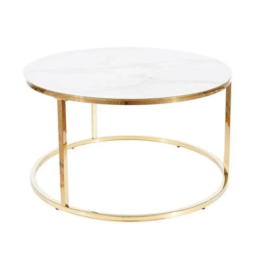 Klubska miza SABINA je modernega dizajna. Mizna plošča je narejena iz kaljenega stekla v videzu marmorja. Mizno podnožje je narejeno iz nerjavečega jekla v