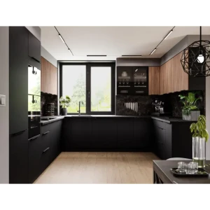 Kuhinjski blok SARA 360 x 325 x 205 cm je kuhinja v kombinaciji črne mat in oreh barve. Kuhinja je izdelana iz oplemenitenih ivernih plošč debeline 16 mm in