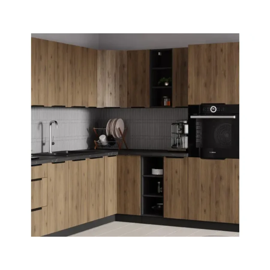 Kuhinjski blok SILVA 315 x 250 cm je kuhinja v oreh / črni barvi. Kuhinja je izdelana iz oplemenitenih ivernih plošč debeline 16 mm in je oblečena v dekor,