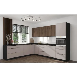 Kuhinjski blok SINDI 260 x 300 cm je kuhinja v kombinaciji kašmir, oreh in črne barve. Kuhinja je izdelana iz oplemenitenih ivernih plošč debeline 16 mm in
