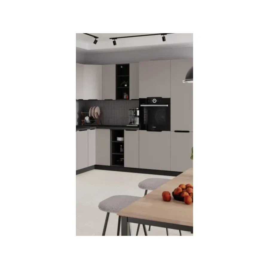 Kuhinjski blok SINTIA 315 x 250 cm je kuhinja v kašmir / črni barvi. Kuhinja je izdelana iz oplemenitenih ivernih plošč debeline 16 mm in je oblečena v