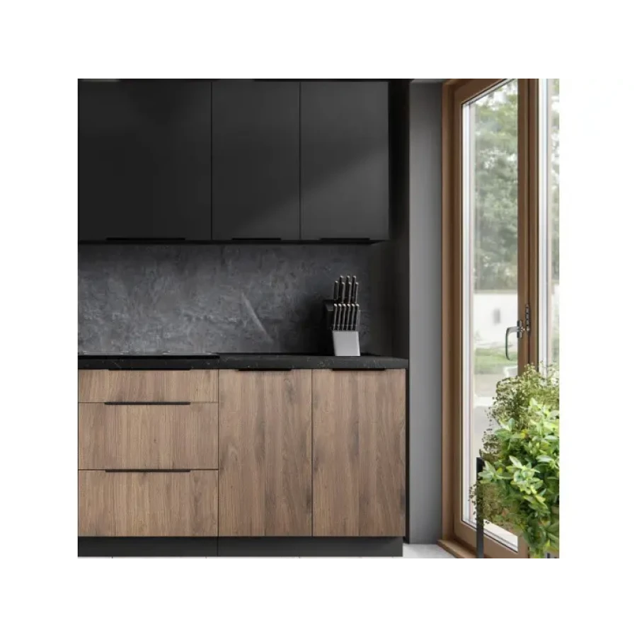 Kuhinjski blok SARA 260 cm je kuhinja v kombinaciji črne mat in oreh barve. Kuhinja je izdelana iz oplemenitenih ivernih plošč debeline 16 mm in je