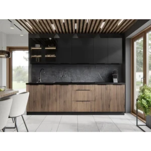 Kuhinjski blok SARA 260 cm je kuhinja v kombinaciji črne mat in oreh barve. Kuhinja je izdelana iz oplemenitenih ivernih plošč debeline 16 mm in je