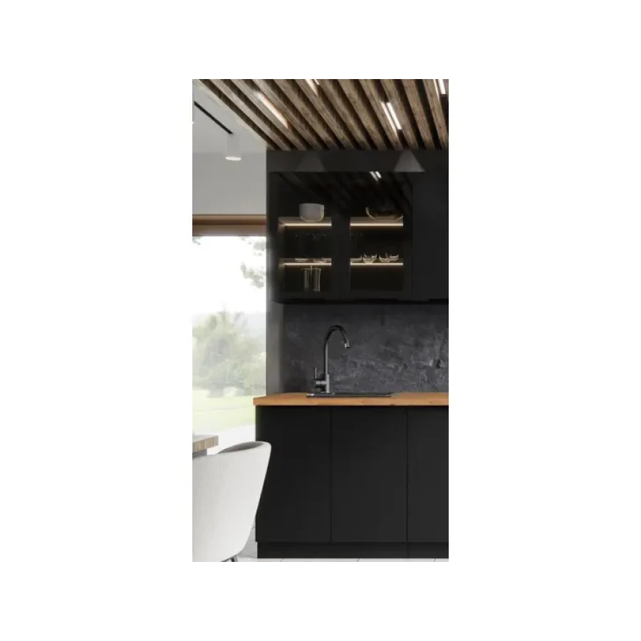 Kuhinjski blok SAŠA 260 cm je kuhinja v črni mat barvi. Kuhinja je izdelana iz oplemenitenih ivernih plošč debeline 16 mm in je oblečena v dekor, kateri