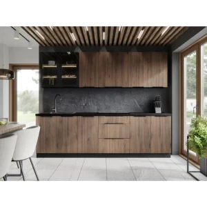 Kuhinjski blok SILVA 260 cm je kuhinja v kombinaciji oreh / črne barve. Kuhinja je izdelana iz oplemenitenih ivernih plošč debeline 16 mm in je oblečena v