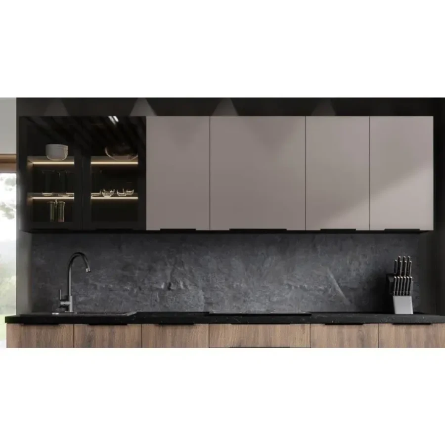Kuhinjski blok SINDI 260 cm je kuhinja v kombinaciji črne mat in oreh barve. Kuhinja je izdelana iz oplemenitenih ivernih plošč debeline 16 mm in je