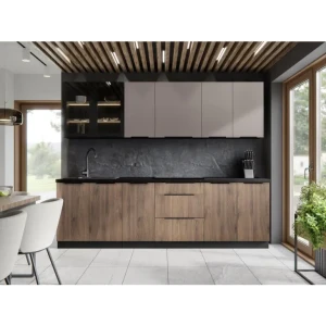Kuhinjski blok SINDI 260 cm je kuhinja v kombinaciji črne mat in oreh barve. Kuhinja je izdelana iz oplemenitenih ivernih plošč debeline 16 mm in je