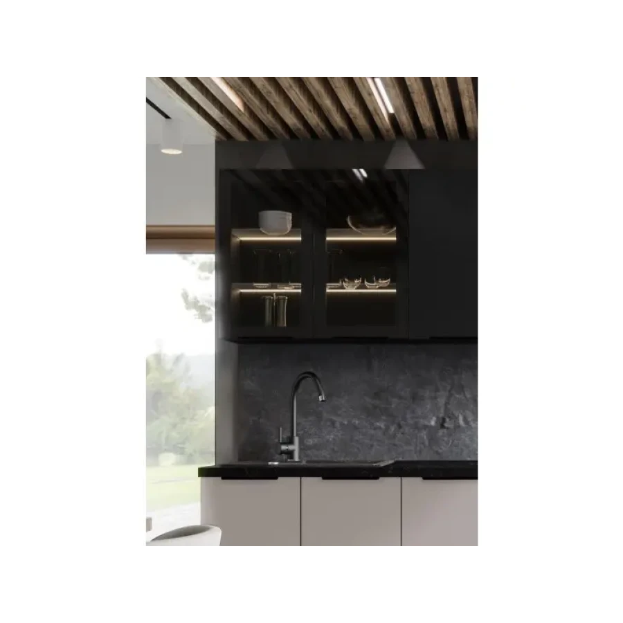 Kuhinjski blok STAŠA 260 cm je kuhinja v kombinaciji črne mat in kašmir barve. Kuhinja je izdelana iz oplemenitenih ivernih plošč debeline 16 mm in je